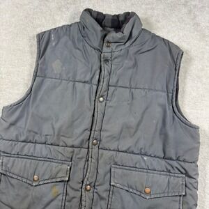 Rugged Wear Puffer Vest Mens Large Grey Plaid Lined Snap Workwear Distressed